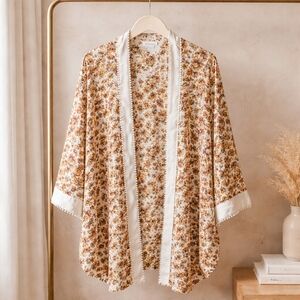 Floral Open Westport  Kimono Cardigan in Cream &  Tan, Brown 2X Beachwear